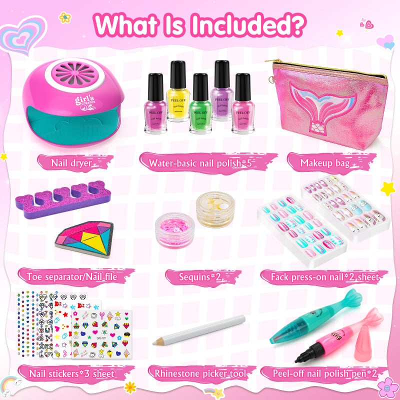 Amagoing Kids Nail Polish Set for Girls, Girls Nail Kit Ages 7-12 with Nail Dryer, Quick-Dry Nail Polish, Nail Art Pens, Cartoon Press on Nail, Makeup Bag, Spa Manicures Birthday Christmas Gift Toy - Image 3