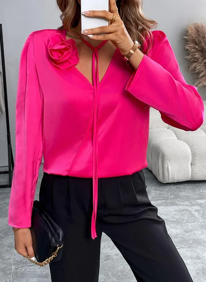 Take Two Take Two Neon Pink Long Sleeve Top with Floral Detail