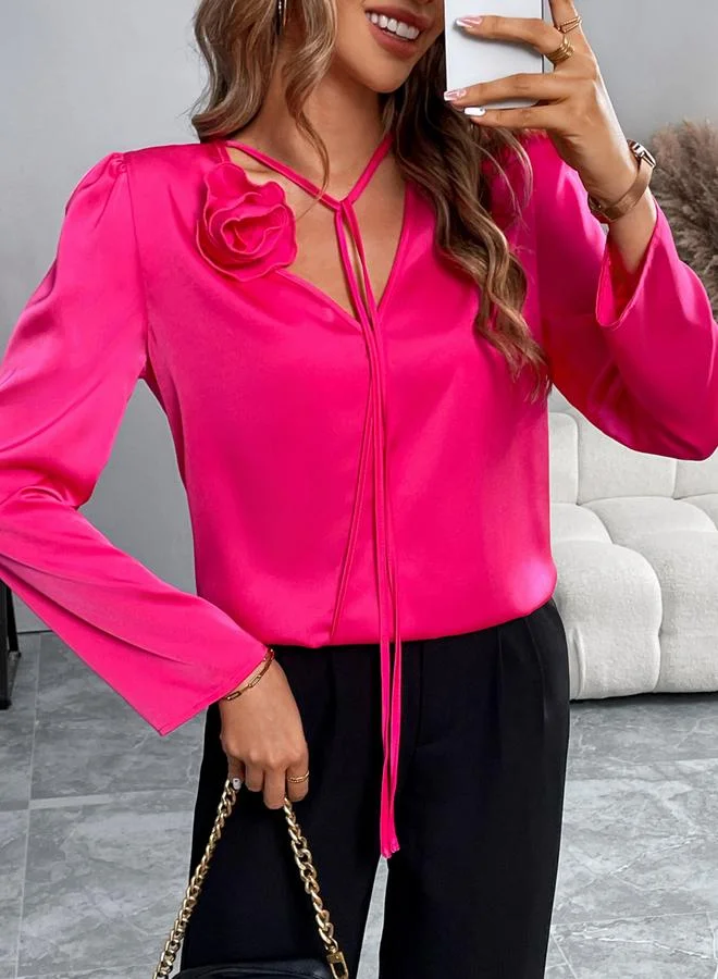 Take Two Take Two Neon Pink Long Sleeve Top with Floral Detail