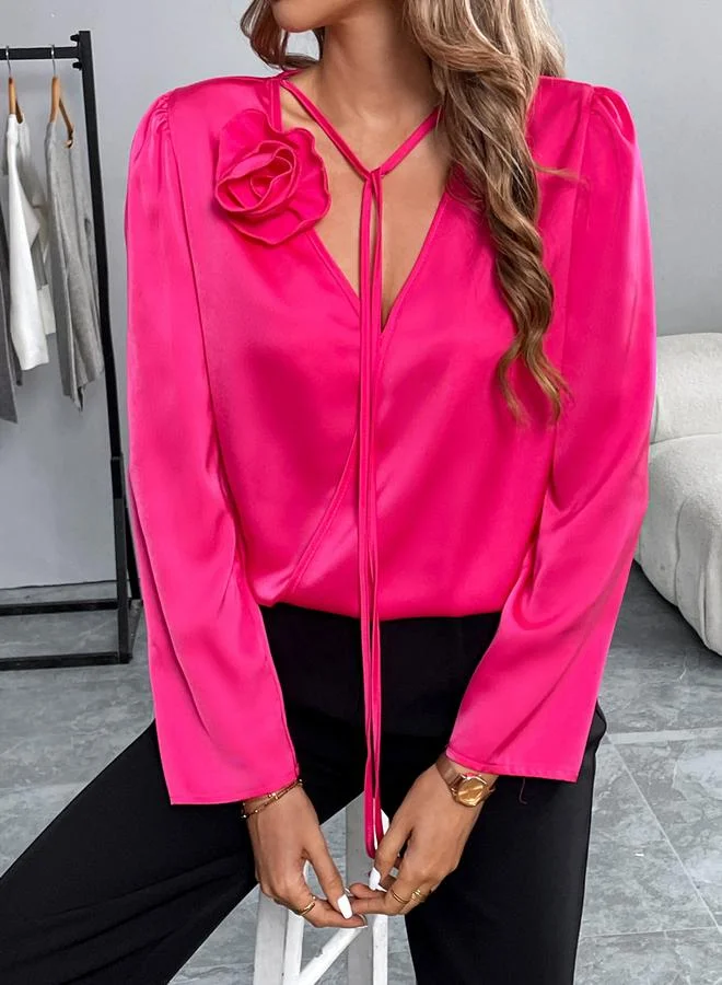 Take Two Take Two Neon Pink Long Sleeve Top with Floral Detail
