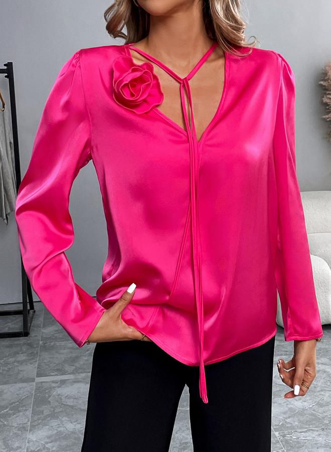 تايك تو توب وردي نيون طويل الأكمام مزين بتفاصيل زهور - Image 3