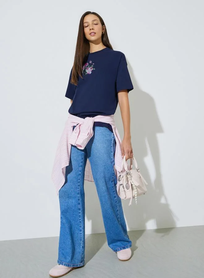 Styli Navy Blue Oversized Embroidered Cotton T-Shirt