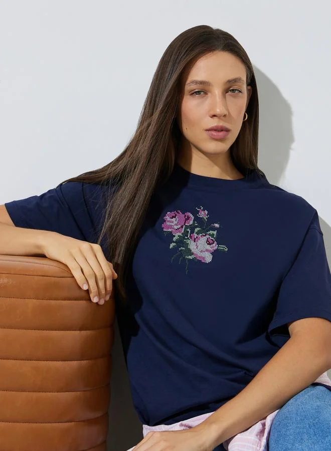 Styli Navy Blue Oversized Embroidered Cotton T-Shirt
