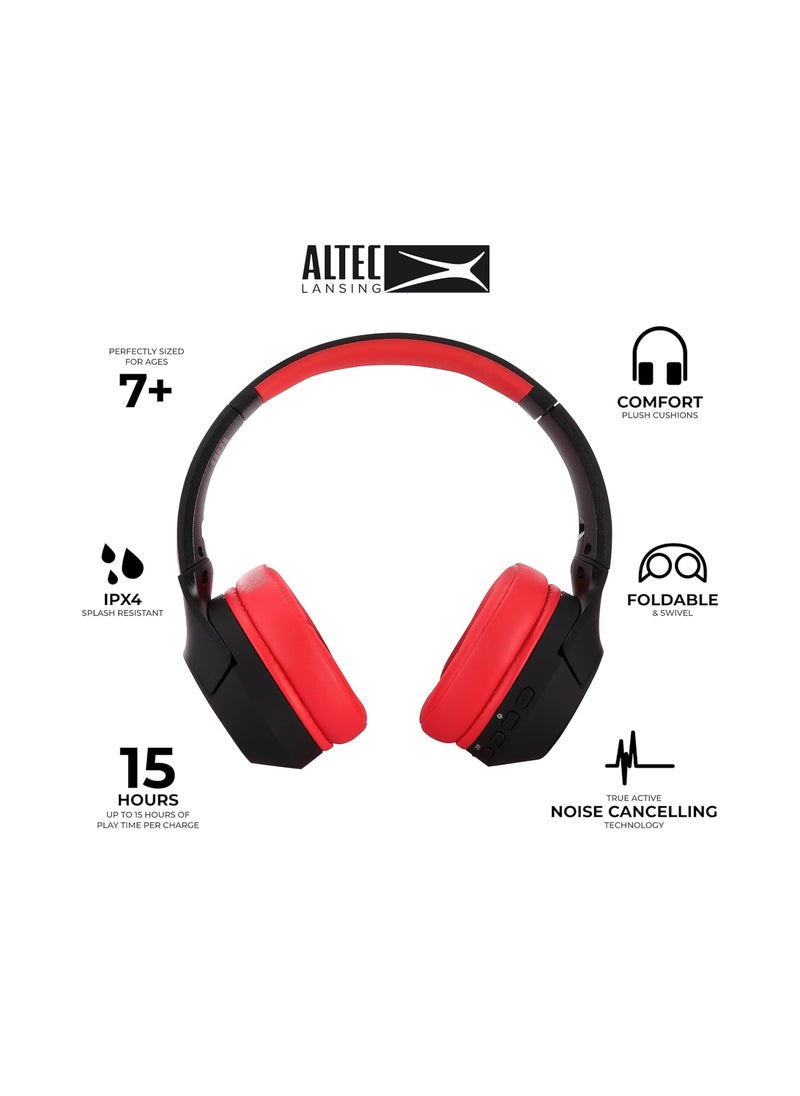 Altec Lansing Kid Safe Noise Cancelling Wireless Headphones 30 Hours Play Time, 85dB Volume Limit, Foldable Design, Powerful Sound, Active Noise Cancellation, Splash resistant IPX4, Red  - Image 2