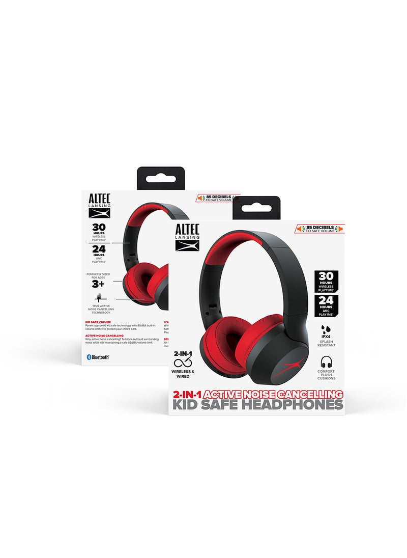 Kid Safe Noise Cancelling Wireless Headphones 30 Hours Play Time, 85dB Volume Limit, Foldable Design, Powerful Sound, Active Noise Cancellation, Splash resistant IPX4, Red