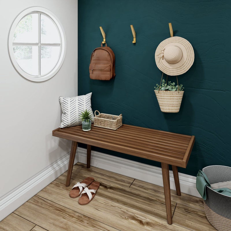 Plank+Beam Entryway Bench, Wooden End of Bed Bench for Bedroom, Mid-Century Modern Square Bench for Hallway, Living Room, Indoor, Porch, 41.25", Walnut - Image 2