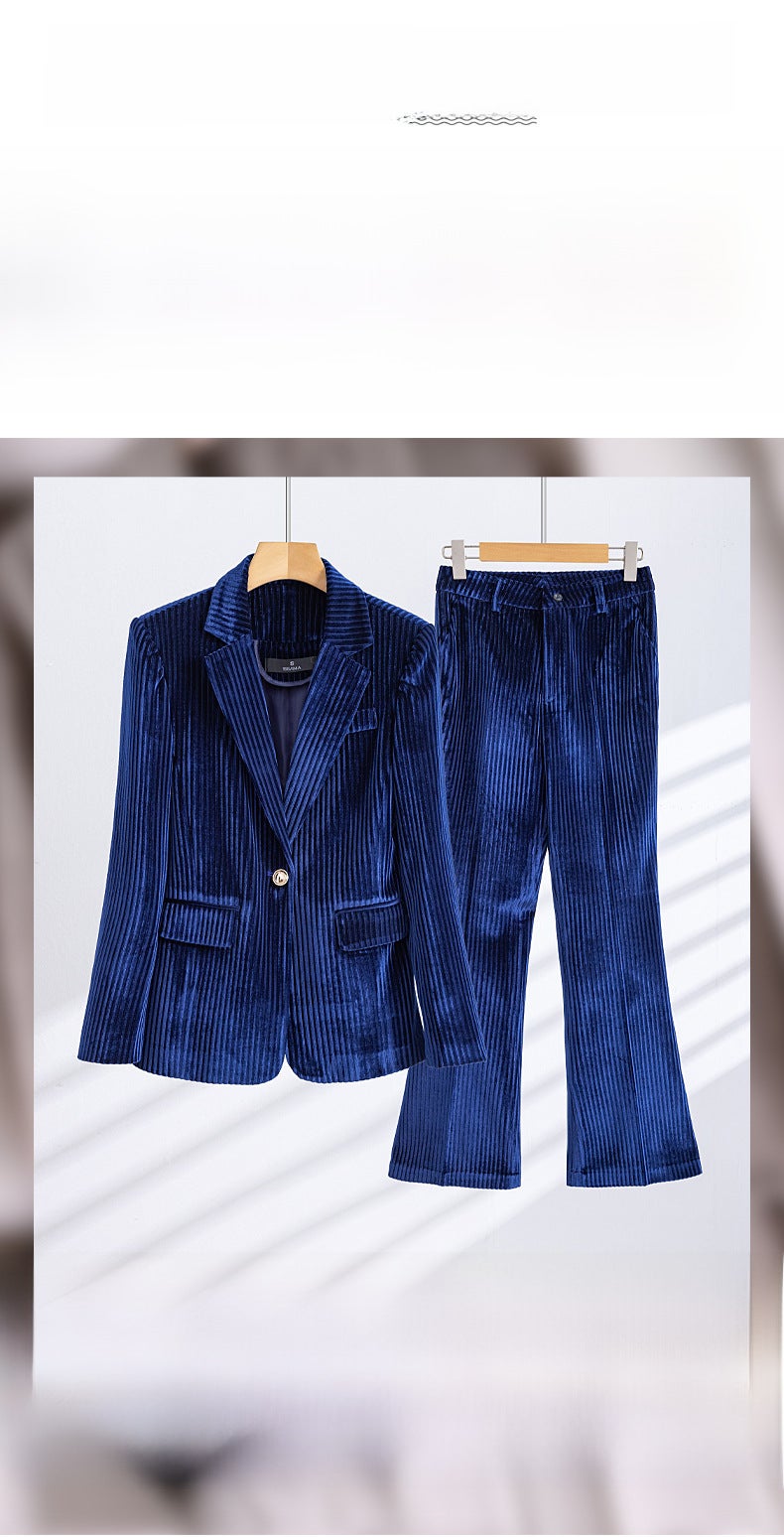 Red Green Blue Black Suit Jacket Women'S Autumn High-End Feminine Temperament Top Golden Velvet Small Suit Set - Image 3