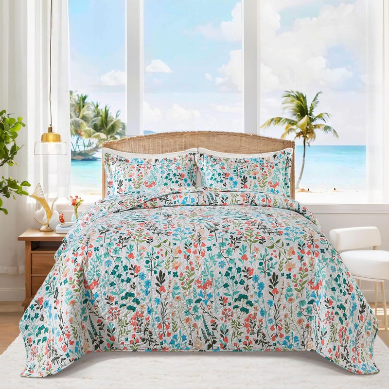 BEDIFANY Queen Size Quilt Bedding Set - Cotton Filling Lightweight Reversible Bedspread with Botanical Floral Pattern, Farmhouse Bed Coverlet for All Seasons, 3-Piece Set (90x98 Inches) - Image 1