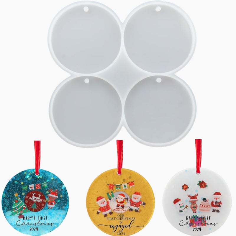 F FYJS FYJS 4-Cavity Christmas Ornaments Resin Molds with Hole, Round Silicone Coaster Molds for Epoxy Resin, Christmas Tree Decorations - Image 1