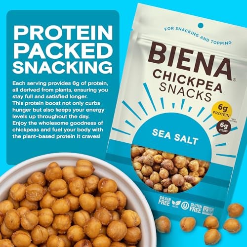 BIENA Chickpea Snacks - Crunchy Roasted Chickpeas - High Fiber Vegan Protein Snacks for Adults and Kids - Individual Pack - Sea Salt - Image 3