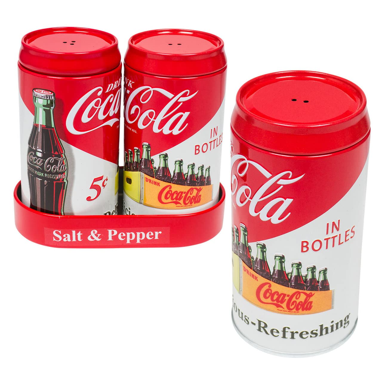 The Tin Box Company Coca Cola Salt and Pepper Shaker Set in Metal Caddy