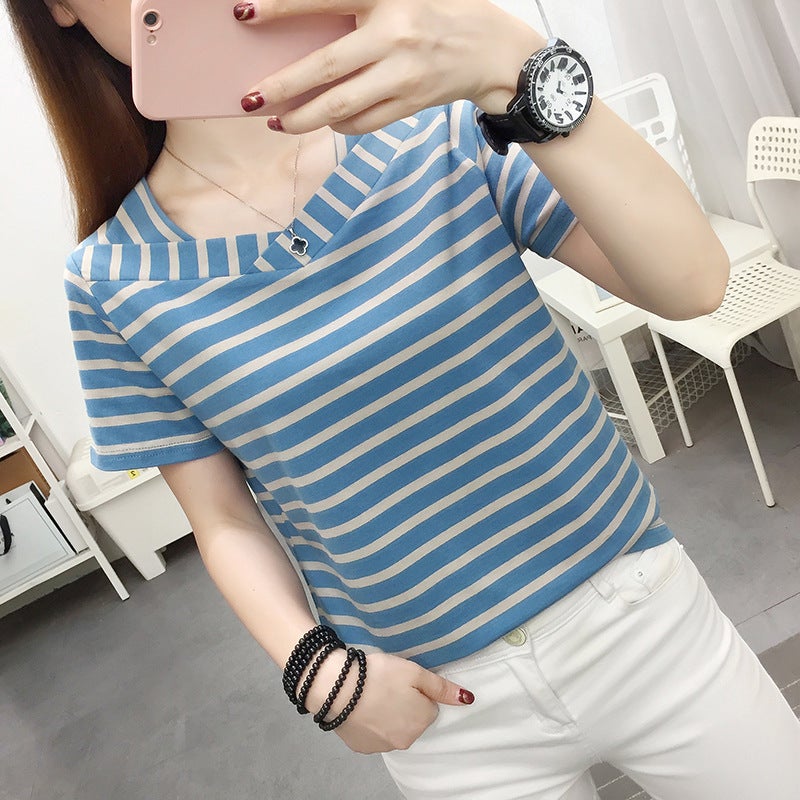 Striped Short-Sleeved T-Shirt Women'S Summer Dress Plus Size Loose Slimming Top All-Match Cotton T-Shirt For Middle-Aged Mom - Image 4