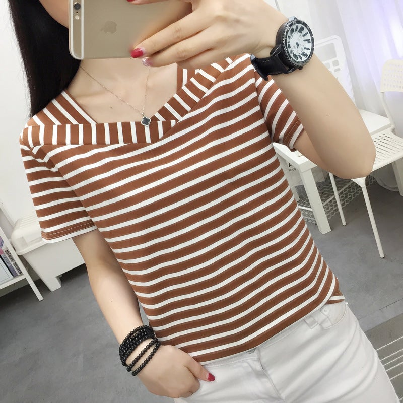 Striped Short-Sleeved T-Shirt Women'S Summer Dress Plus Size Loose Slimming Top All-Match Cotton T-Shirt For Middle-Aged Mom - Image 5