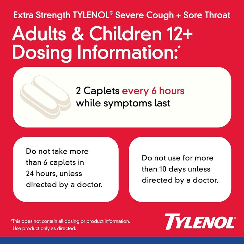 Tylenol أقراص قوية لعلاج السعال الشديد والتهاب الحلق 500 ملغ أسيتامينوفين 15 ملغ ديكستروميثورفان 24 حبة - Image 4