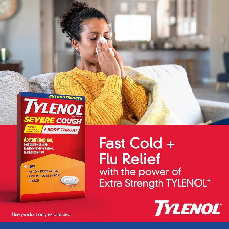 Tylenol أقراص قوية لعلاج السعال الشديد والتهاب الحلق 500 ملغ أسيتامينوفين 15 ملغ ديكستروميثورفان 24 حبة - Image 3