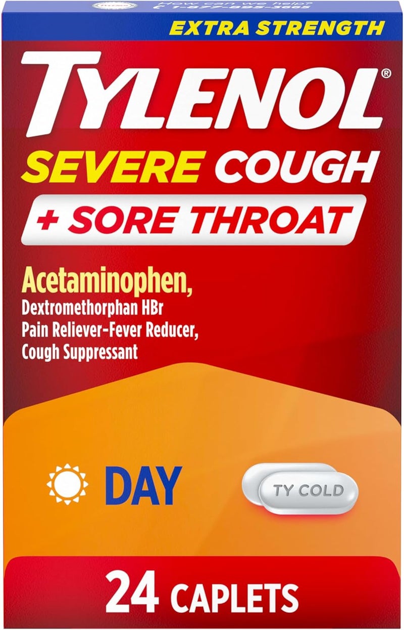 Tylenol أقراص قوية لعلاج السعال الشديد والتهاب الحلق 500 ملغ أسيتامينوفين 15 ملغ ديكستروميثورفان 24 حبة - Image 1