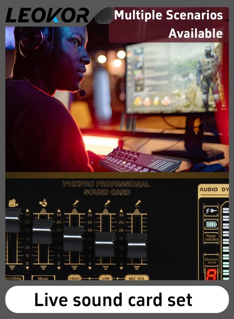 LEOKOR Sound Card Microphone Podcast Package,Live Broadcast Equipment with Ring Light/Recording Studio for Live Streaming/Suitable for Podcasting/Live Broadcasting/Singing/PC/Mobile/TikTok/YouTube - Image 4