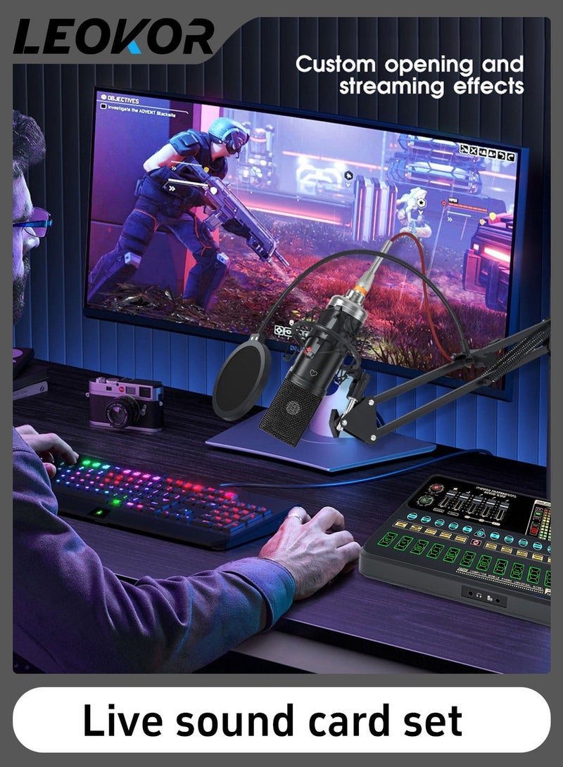 LEOKOR Sound Card Microphone Podcast Package,Live Broadcast Equipment with Ring Light/Recording Studio for Live Streaming/Suitable for Podcasting/Live Broadcasting/Singing/PC/Mobile/TikTok/YouTube - Image 2