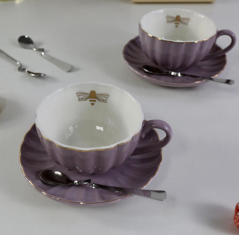 Eplze YBK Tech Strengthen Porcelain Cup and Saucer Set, 9oz Cup with Saucer - Gold Bee Inside The Cup (Purple) - Image 5