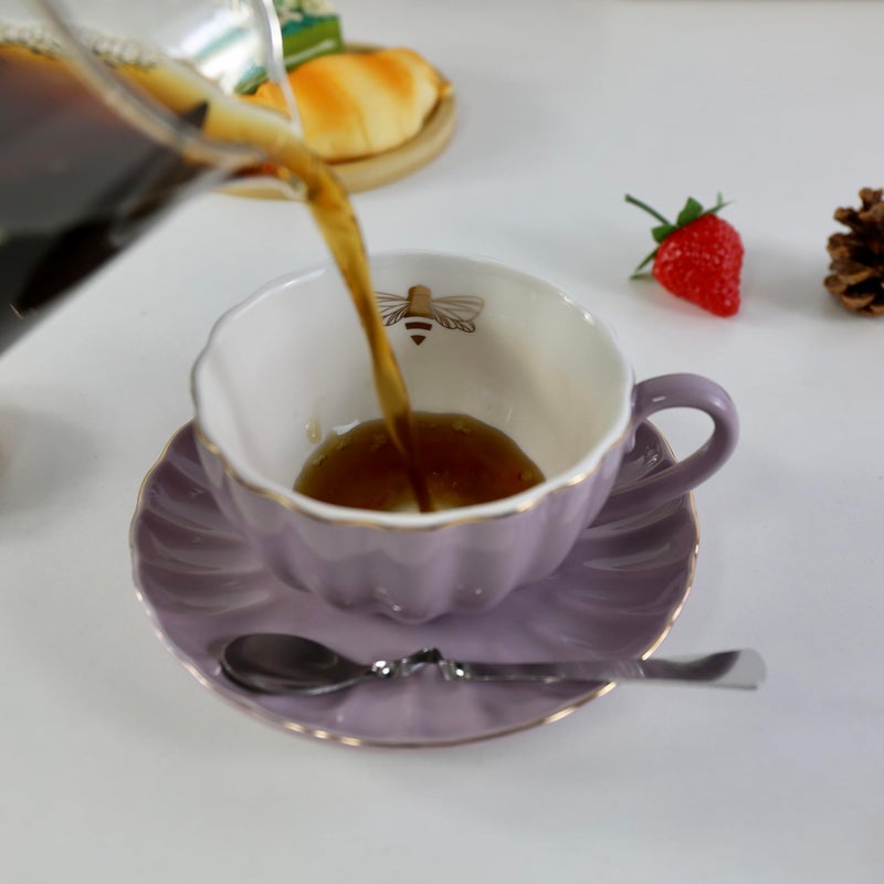 Eplze YBK Tech Strengthen Porcelain Cup and Saucer Set, 9oz Cup with Saucer - Gold Bee Inside The Cup (Purple) - Image 2