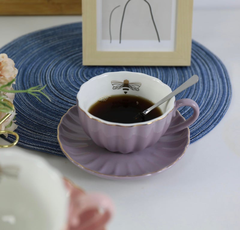 Eplze YBK Tech Strengthen Porcelain Cup and Saucer Set, 9oz Cup with Saucer - Gold Bee Inside The Cup (Purple) - Image 3