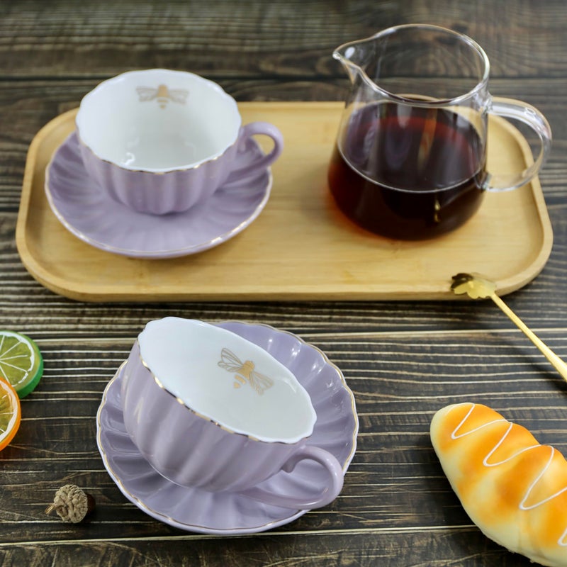 Eplze YBK Tech Strengthen Porcelain Cup and Saucer Set, 9oz Cup with Saucer - Gold Bee Inside The Cup (Purple) - Image 4