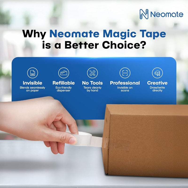 Neomate Magic Tape with Refillable Dispenser | 1.9cm x 25.4m | Invisible, Writable, Hand-Tearable for School, Home, and Office Use - Image 5