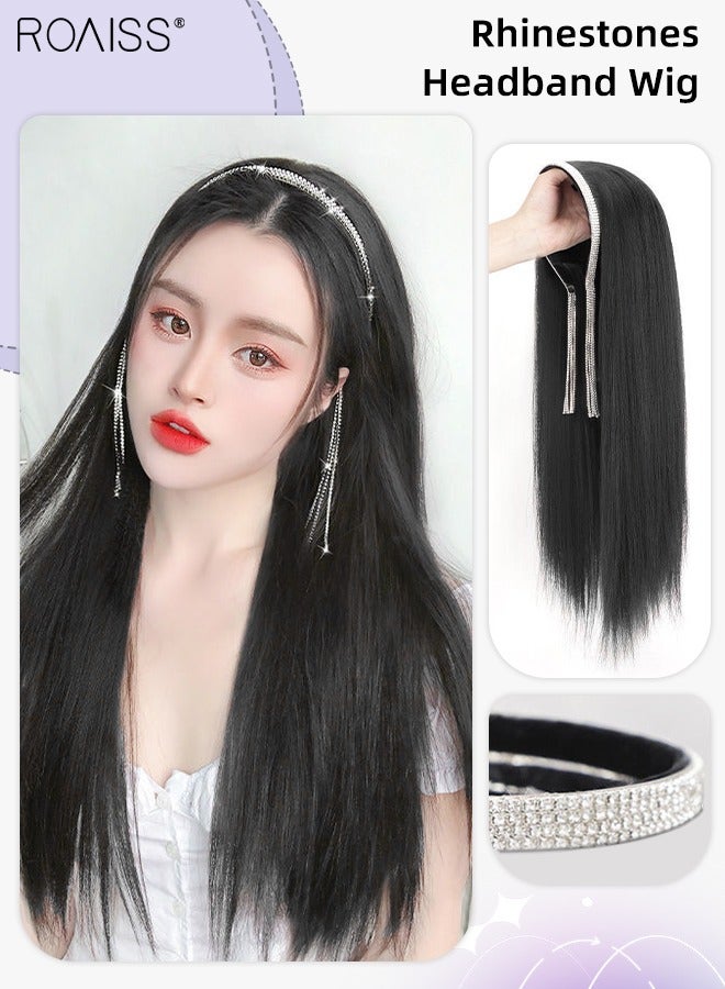 roaiss Rhinestones Headband Wig for Women, Crystal Tassel Detachable Hair Hoop with Long Synthetic Straight Hairpiece Hair Accessories, 4 Row Crystal Rhinestone Sparkly Tassels Hair, 65cm (26 inch) - Image 1
