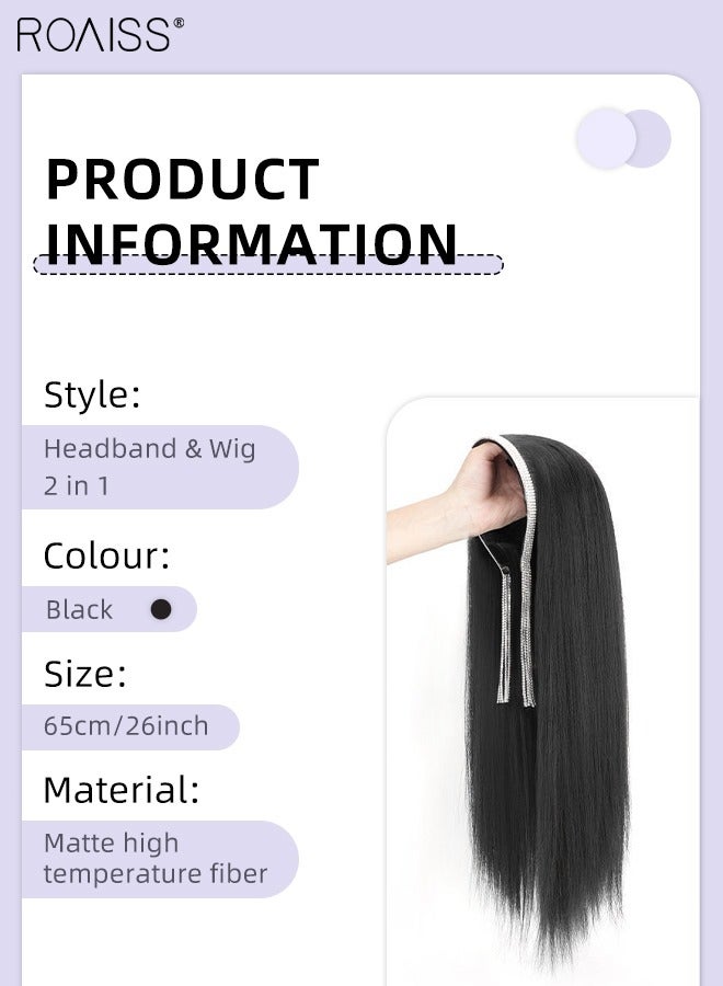 roaiss Rhinestones Headband Wig for Women, Crystal Tassel Detachable Hair Hoop with Long Synthetic Straight Hairpiece Hair Accessories, 4 Row Crystal Rhinestone Sparkly Tassels Hair, 65cm (26 inch) - Image 3