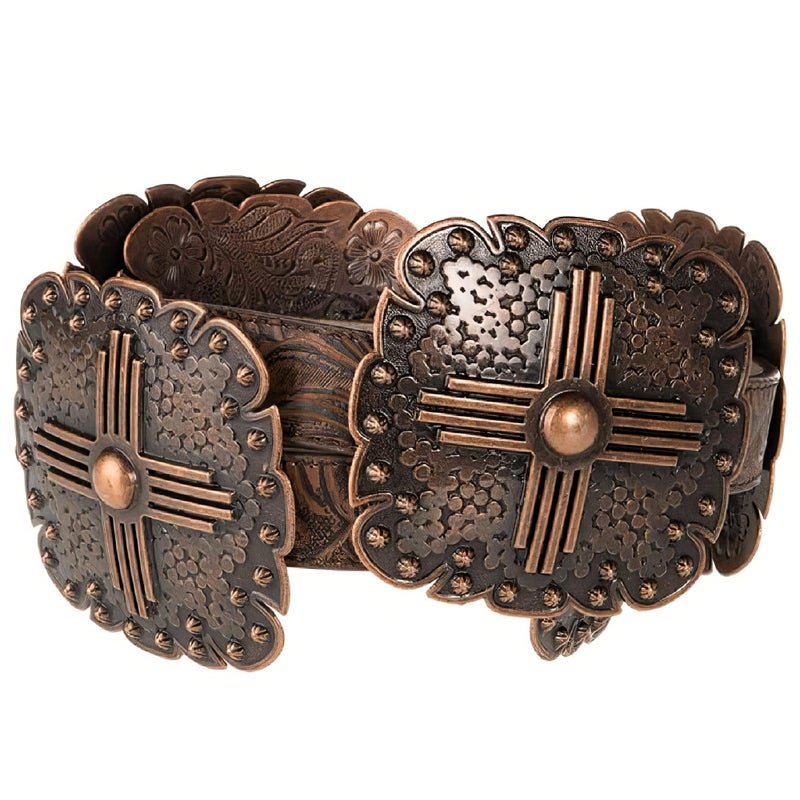 Angel Ranch Womenâ€™s Floral Embossed Leather Belt with Western Square Conchos and Removable Buckle | Brown with Antique Copper Hardware, Small - Image 1