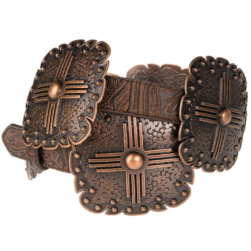 Angel Ranch Womenâ€™s Floral Embossed Leather Belt with Western Square Conchos and Removable Buckle | Brown with Antique Copper Hardware, Small - Image 2