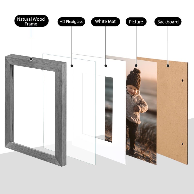 Kinlink A4 إطار صورة رمادي إطارات خشبية صلبة رمادية مع زجاج شبكي أكريليك للصور A5 مع حصيرة أو A4 بدون حصيرة الطاولة وإطار صورة عرض الجدار 4 - Image 2