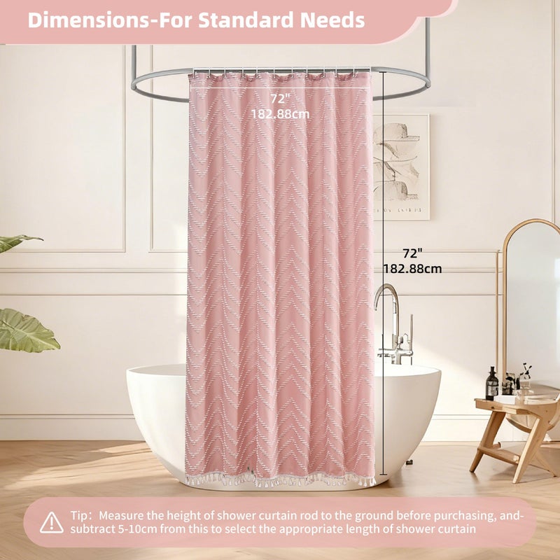 Siiluminisoy Pink Boho Shower Curtain White Tassel Woven Fabric Cute Shower Curtain Modern Farmhouse Textured Tufted Chevron Striped Minimalist 72 x 72 Bathroom Shower Curtains - Image 5
