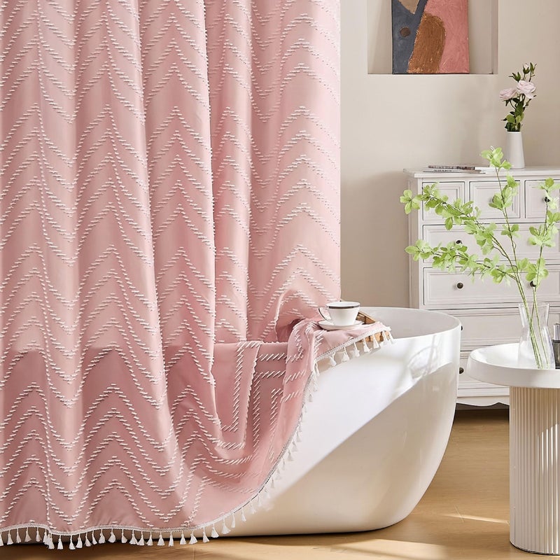 Siiluminisoy Pink Boho Shower Curtain White Tassel Woven Fabric Cute Shower Curtain Modern Farmhouse Textured Tufted Chevron Striped Minimalist 72 x 72 Bathroom Shower Curtains - Image 1