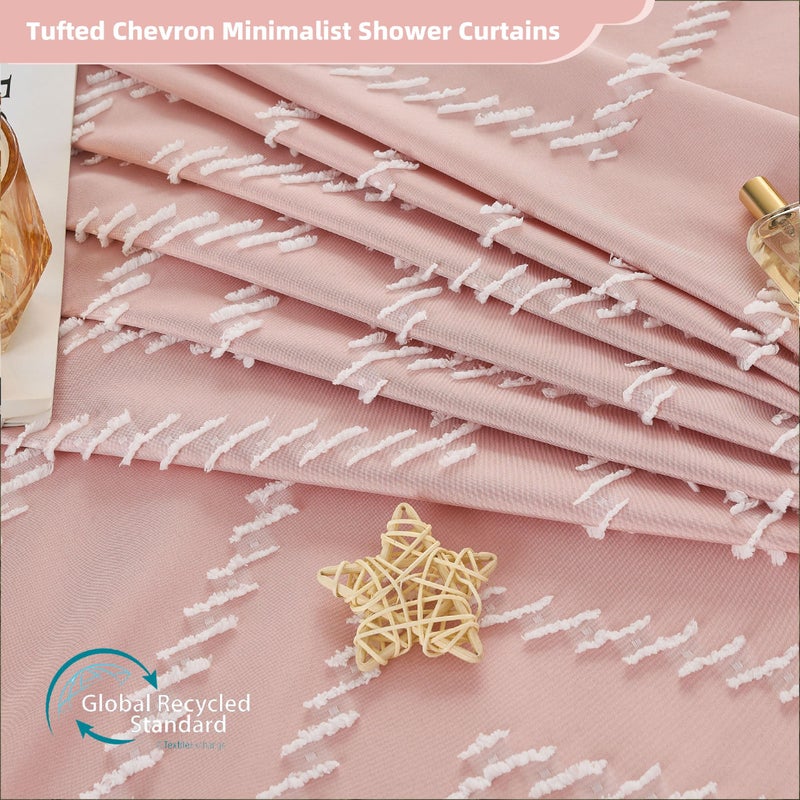 Siiluminisoy Pink Boho Shower Curtain White Tassel Woven Fabric Cute Shower Curtain Modern Farmhouse Textured Tufted Chevron Striped Minimalist 72 x 72 Bathroom Shower Curtains - Image 2