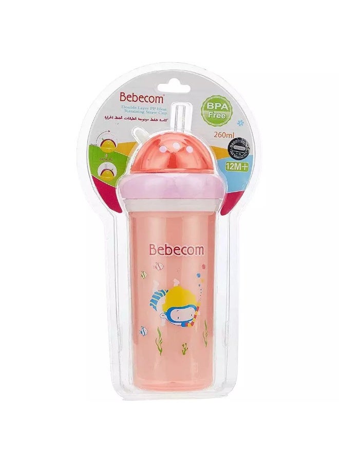 Bebecom Double Layer Water Cup 260ml, Bebecom Double Layer PP Heat Retaining Straw Cup, BPA Free- Peach - Image 3