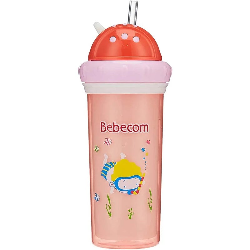 Bebecom Double Layer Water Cup 260ml, Bebecom Double Layer PP Heat Retaining Straw Cup, BPA Free- Peach - Image 1