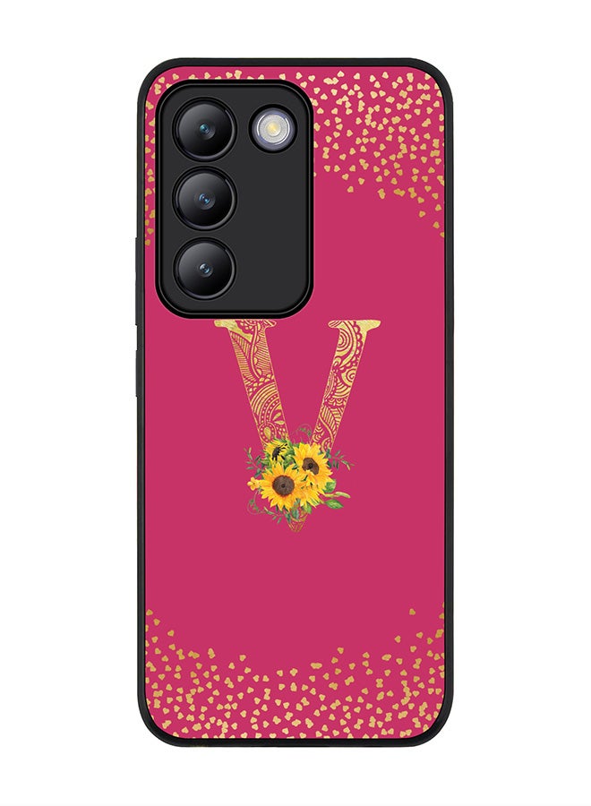 Stylizedd Rugged Black edge case for Vivo V30 Lite 5G, Cover Custom Monogram Initial Letter Mandala Floral Pattern Alphabet - V ( Deep Pink Rose ) - Image 1
