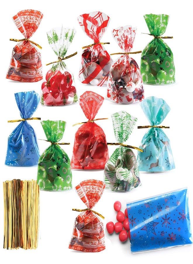 PREXTEX Christmas Themed Cellophane Bags with Gold Ties (200 pack - Bulk Pack of 200 Mini Cellophane Bags in 10 designs for Holiday Cookies, Gift Bags, Goodies, Treats and Party Favors - Image 1