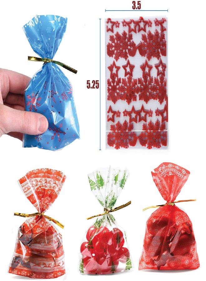 PREXTEX Christmas Themed Cellophane Bags with Gold Ties (200 pack - Bulk Pack of 200 Mini Cellophane Bags in 10 designs for Holiday Cookies, Gift Bags, Goodies, Treats and Party Favors - Image 3