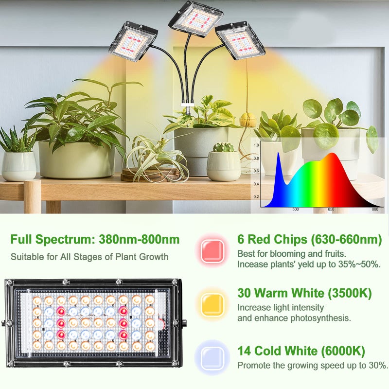 LBW Grow Light with Stand, Tri-Head LED Plant Light for Indoor Plants, Full Spectrum 150 LEDs, 3/6/12H Timer, 6 Dimmable Levels, 3 Switch Modes, Adjustable Tripod Stand 15-63 inches - Image 3