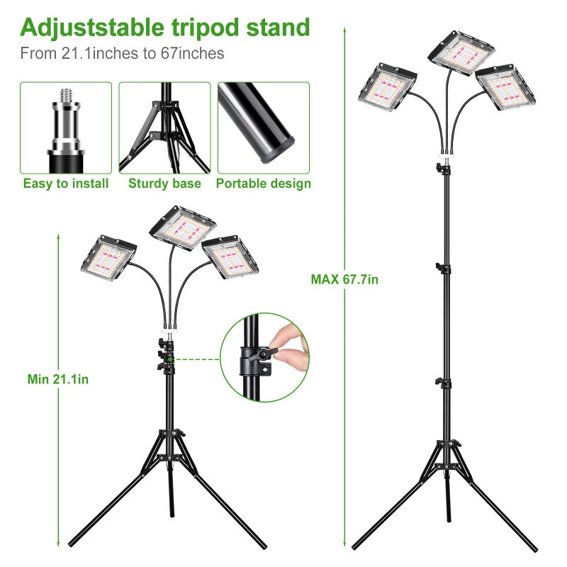 LBW Grow Light with Stand, Tri-Head LED Plant Light for Indoor Plants, Full Spectrum 150 LEDs, 3/6/12H Timer, 6 Dimmable Levels, 3 Switch Modes, Adjustable Tripod Stand 15-63 inches - Image 4