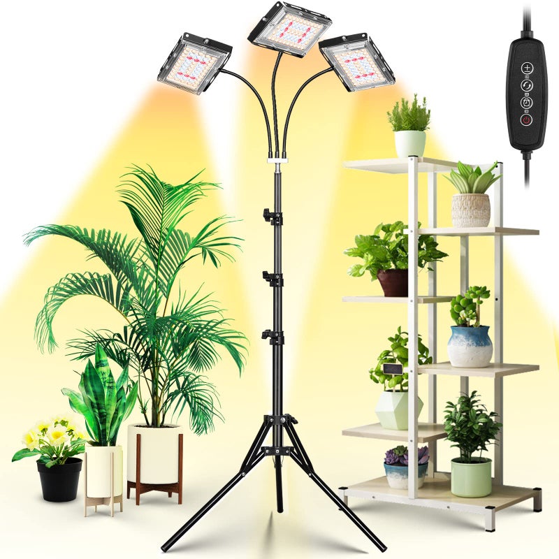 LBW Grow Light with Stand, Tri-Head LED Plant Light for Indoor Plants, Full Spectrum 150 LEDs, 3/6/12H Timer, 6 Dimmable Levels, 3 Switch Modes, Adjustable Tripod Stand 15-63 inches - Image 1