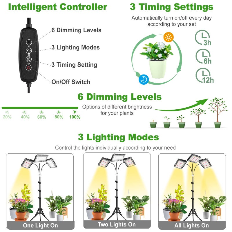 LBW Grow Light with Stand, Tri-Head LED Plant Light for Indoor Plants, Full Spectrum 150 LEDs, 3/6/12H Timer, 6 Dimmable Levels, 3 Switch Modes, Adjustable Tripod Stand 15-63 inches - Image 2