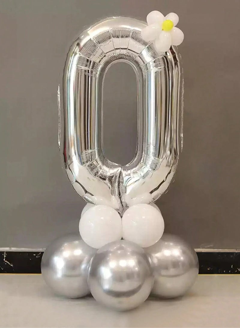 Birthday Decoration Balloon Set Number (0) A set of 15 balloons in silver and white colors, including a large number (0) balloon, perfect for decorating birthday parties, graduations, and all special occasions.  - Image 1