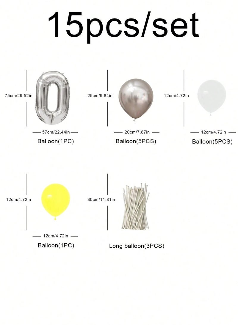 Birthday Decoration Balloon Set Number (0) A set of 15 balloons in silver and white colors, including a large number (0) balloon, perfect for decorating birthday parties, graduations, and all special occasions.  - Image 2