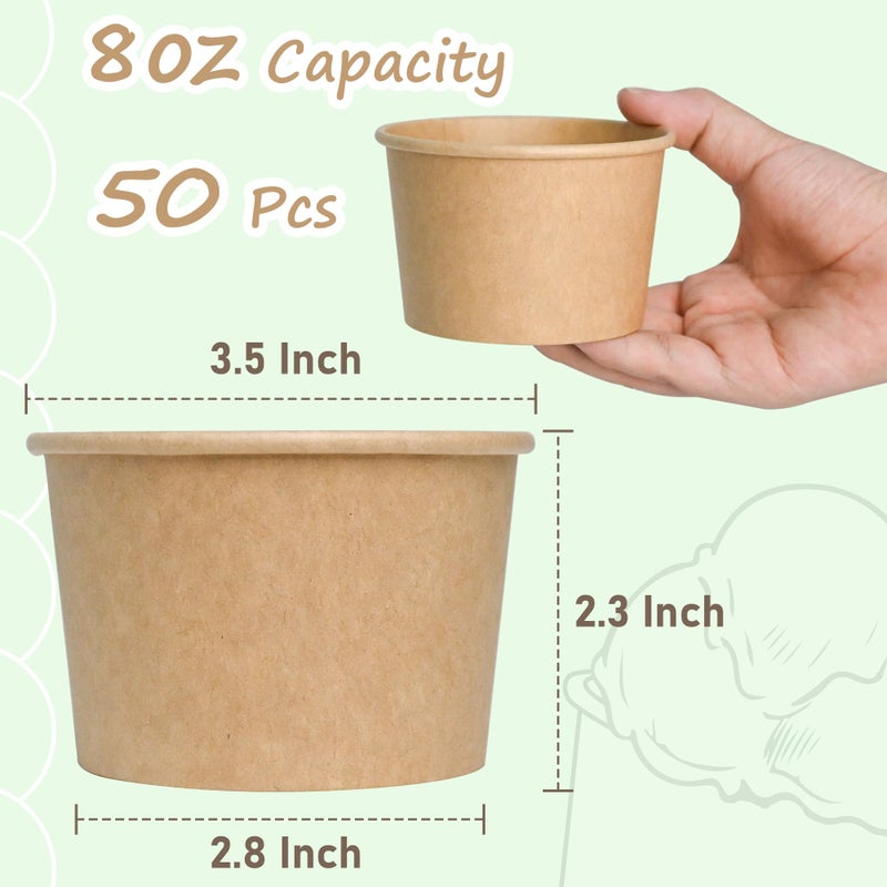 ESSENTIAL Paper Ice Cream Cups, 50pcs 8oz Disposable Dessert Bowls for Hot or Cold Food, Lids Not Included, Paper Snack Containers for Sundae, Frozen Yogurt, Soup (Brown) - Image 2