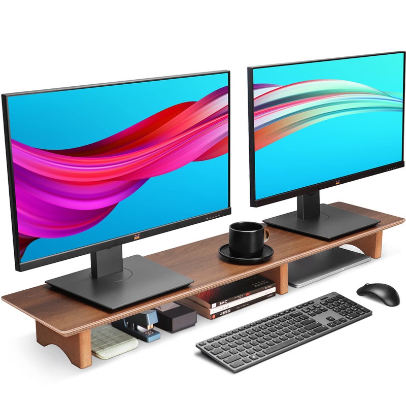 Aothia Aothia Large Dual Monitor Stand Riser Solid Wood Desk Shelf with Eco Cork Legs for Laptop ComputerTVPCPrinters Perfect Desktop Stands Organizer with Underneath Storage for Office Accessories 