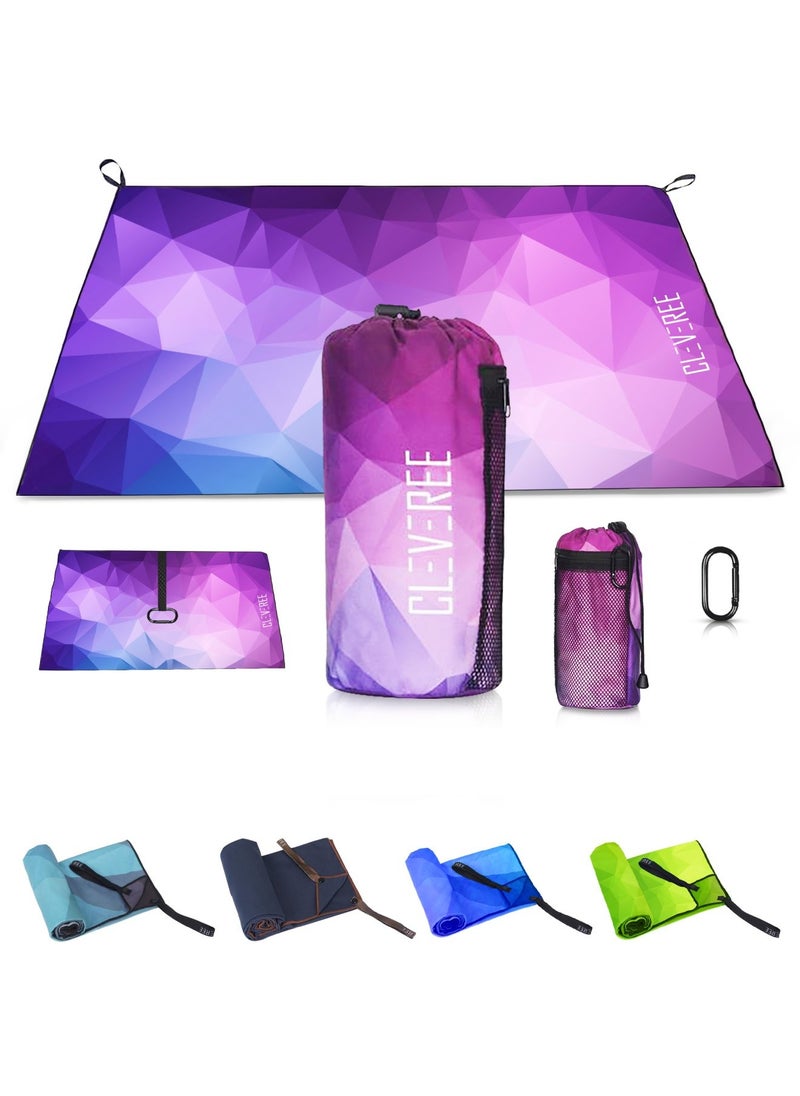 CLEVEREE Beach Towel and Gym Towel Pool Towel Swimming Towel for Men Women Microfiber towel Travel Towel fast drying towel with carry bag Extra Large 150x90 cm and Gym Towel 50X25 Purple  - Image 1