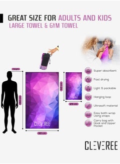 CLEVEREE Beach Towel and Gym Towel Pool Towel Swimming Towel for Men Women Microfiber towel Travel Towel fast drying towel with carry bag Extra Large 150x90 cm and Gym Towel 50X25 Purple  - Image 4